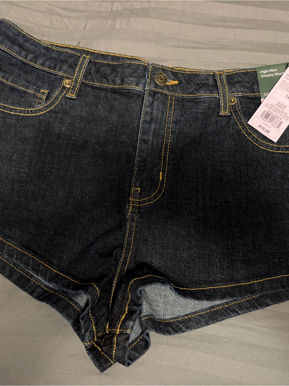 wild fable Dark Denim High-Rise Shorts with Yellow Stitching, new, 14 size